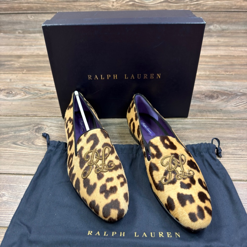 Ralph Lauren Womens EU 39 US 9 Alonzo Leopard Calf Hair Monogram Loafers
